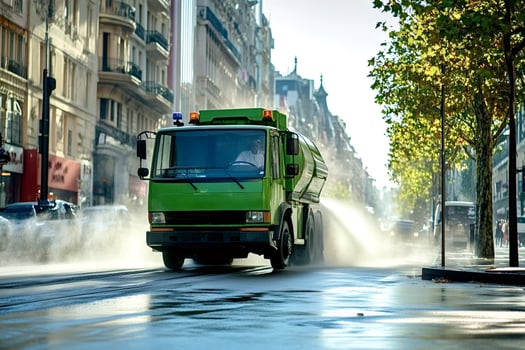 Street cleaning truck washing parisian boulevard in the morning photo