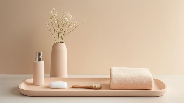 Clean and calming bathroom arrangement with minimalistic decor featuring soft colors and essential toiletries photo
