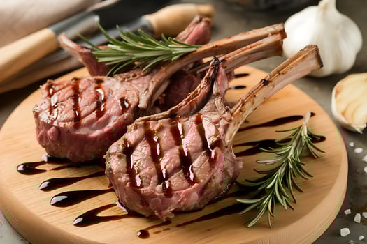 Grilled lamb chops with rosemary and garlic on a wooden cutting board photo