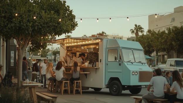 Food truck serves delicious meals while people enjoy dining outdoors during sunset at a lively coastal location photo