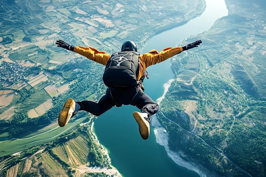 Skydiver flying over beautiful landscape with river and cultivated fields photo