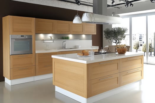 Modern kitchen with wooden cabinetry and a central island, designed for cooking and dining. photo