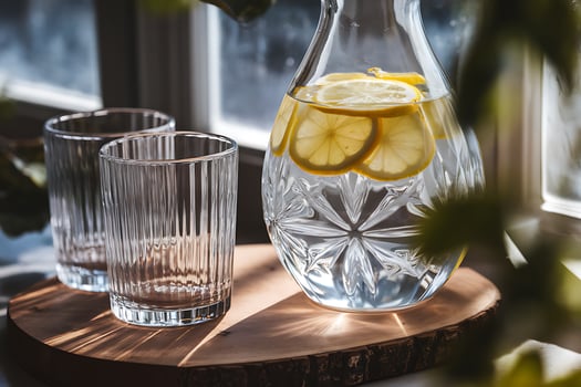 A pitcher of water and a glass of lemonade photo