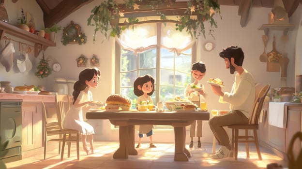 Family gathering in a cozy kitchen enjoying a meal together during a sunny afternoon photo