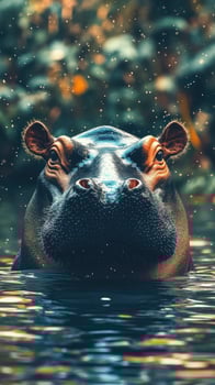 Hippo emerging from water in lush tropical surroundings during a serene summer afternoon photo