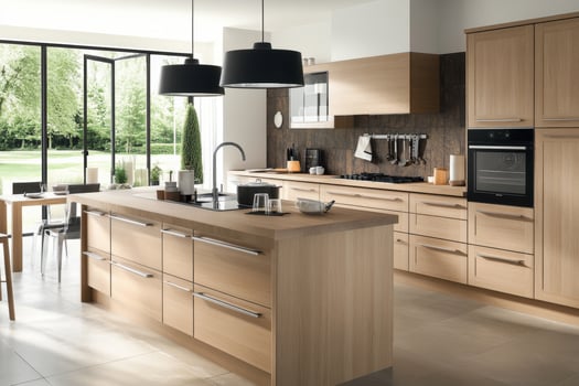 Modern kitchen featuring wood cabinetry, island, and large windows for natural light. photo