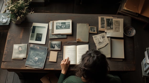 Exploring family history through vintage photographs and documents on a rustic wooden table photo