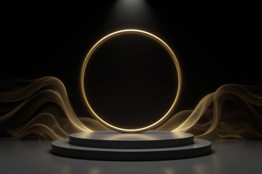 A gray podium with a golden ring and golden waves in a black background with a spotlight photo