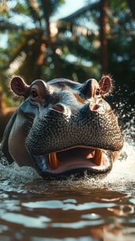 Hippo emerges from water with expression of alertness during a sunny day in a natural habitat photo