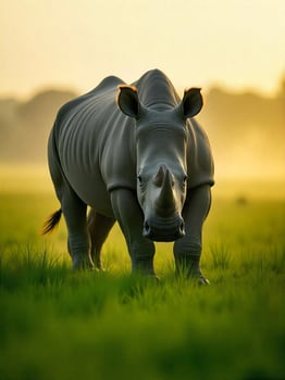 A lone Northern White Rhinoceros grazing in a lush, green African savanna at dawn, mist rising from the dewy grass, under a clear sky photo
