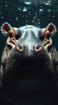 Close-up view of a hippo submerged in water displaying its unique features and bubbles photo