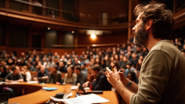 Engaging speaker captivates attentive audience during lecture at university auditorium photo
