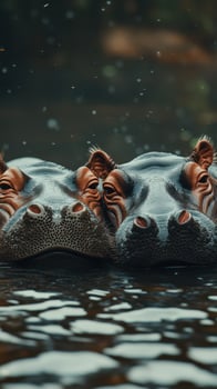 Hippos submerged in water demonstrating social bonding in a natural habitat during a warm afternoon photo