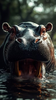 Hippo opens mouth wide while submerged in calm water during golden hour at a wildlife reserve photo