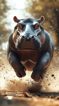 Majestic hippopotamus leaps through a dusty landscape on a sunny day in the wilderness photo
