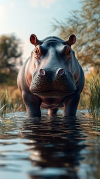 Hippo wades through serene water as sunlight filters through foliage in a tranquil natural habitat photo