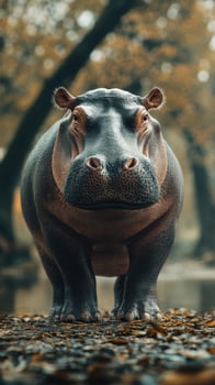 Large hippo standing by the water's edge in a serene landscape during early morning light photo