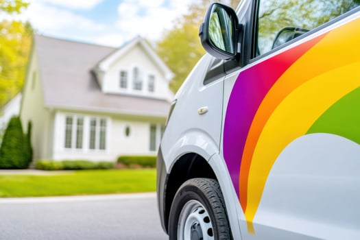 Branded painting contractor van parked at a residential home showcasing professionalism in the neighborhood during daylight hours photo