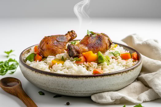 Jollof chicken and white rice with vegetables photo