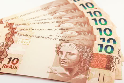 Close-up of Fanned Out Ten Brazilian Real Bills photo