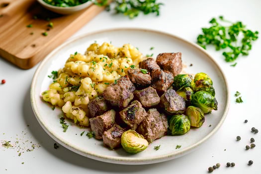 Marinated meat with spatzle and brussels sprouts on white photo