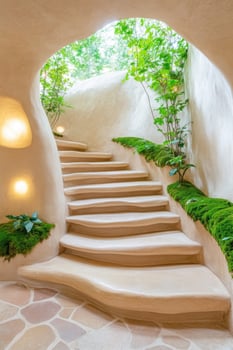 Sustainable home interior with natural textures, moss elements, and earthy color palettes promoting nature-based living photo