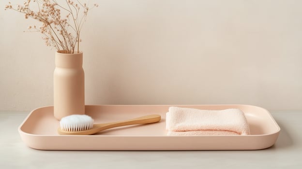 Elegant minimalistic bathroom tray with natural decor and soft textiles photo