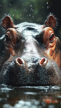 Hippo emerges from water on a rainy day in a serene habitat surrounded by lush greenery photo