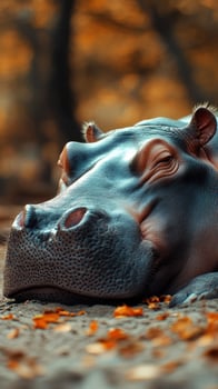 Hippo resting peacefully in a serene forest environment during autumn photo