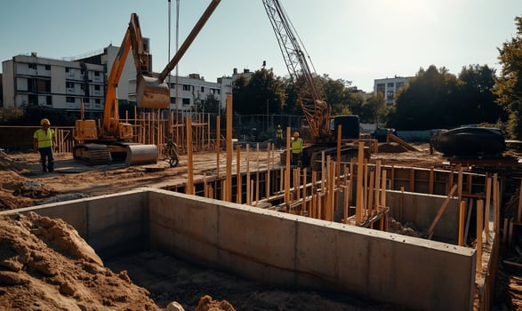 Construction site with excavators and foundation photo