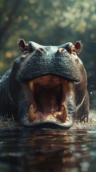 Majestic hippopotamus emerging from water with mouth wide open in a serene setting photo