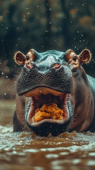 Hippo enjoys its meal while submerged in muddy water at a riverbank during a sunny afternoon photo