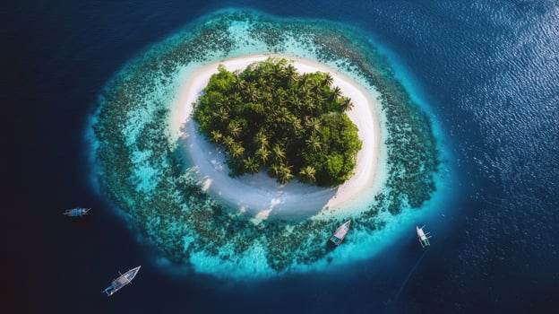 Aerial view of tropical island with palm trees and crystal clear waters surrounded by boats photo