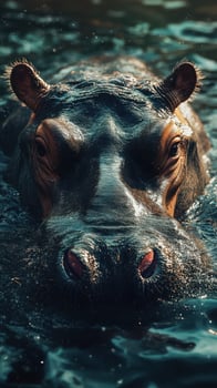 Hippo rests in water as sunlight highlights its features in a serene environment photo