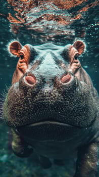 Majestic hippopotamus swims gracefully beneath the surface of clear water in natural habitat during daylight hours photo