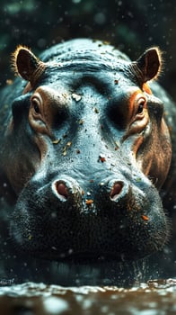 Hippo emerging from water with droplets glistening on its skin in a natural habitat during golden hour lighting photo