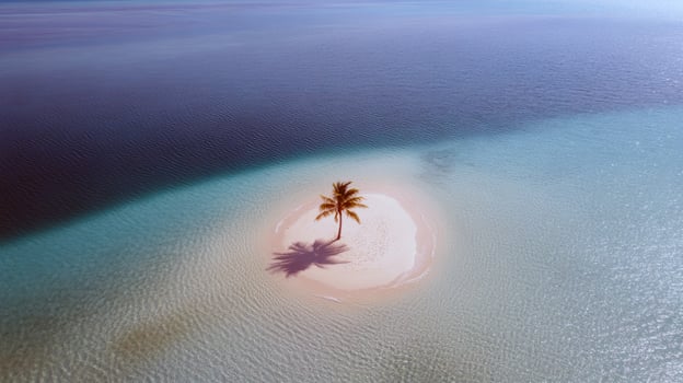 Serene tropical island with palm tree surrounded by azure blue ocean waters photo