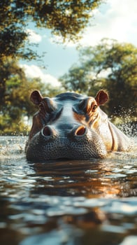 Hippo swimming in a river during daylight with trees in the background creating a serene atmosphere photo
