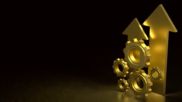 Gold Arrow and Gear for Business concept 3d Rendering. . . photo