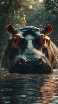 Close encounter with a hippo in a serene water habitat at dawn surrounded by lush greenery photo