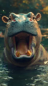 Giant hippopotamus opens mouth while submerged in water in a natural habitat during daylight hours photo