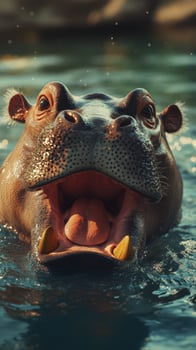 Hippo splashes in clear water during sunny day at wildlife sanctuary photo