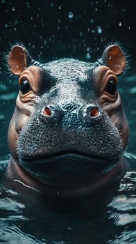 Hippo emerges from water during a rainy day, showcasing its unique features in a tranquil aquatic environment photo