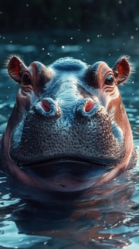 Hippo emerges from water in a serene setting, showcasing remarkable facial features and textures in natural habitat photo