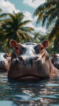 Hippos swim in a tranquil river surrounded by lush greenery during a sunny afternoon in the wilderness photo