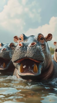 Hippos emerge from the water on a sunny day at a serene river location photo
