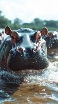 Hippo swimming in river during bright day in natural habitat surrounded by lush greenery photo