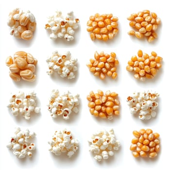 A grid of popcorn kernels and popped popcorn in various arrangements. photo