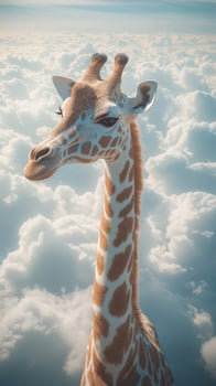Giraffe soaring above the clouds in a dreamy and surreal landscape at twilight photo