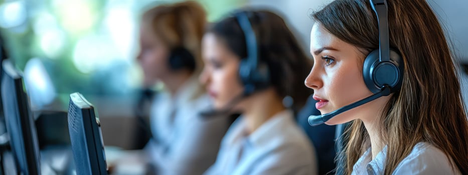 Efficient commercial call center team working together, focused on customer service photo